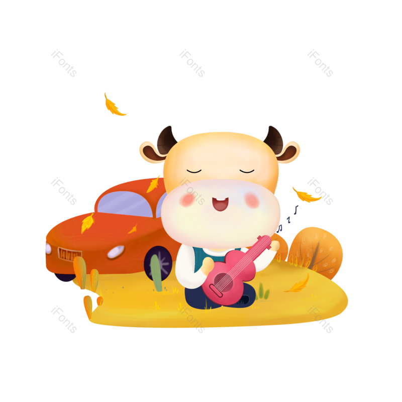 卡通牛图片,秋天元素,小轿车PNG,音乐免抠素材